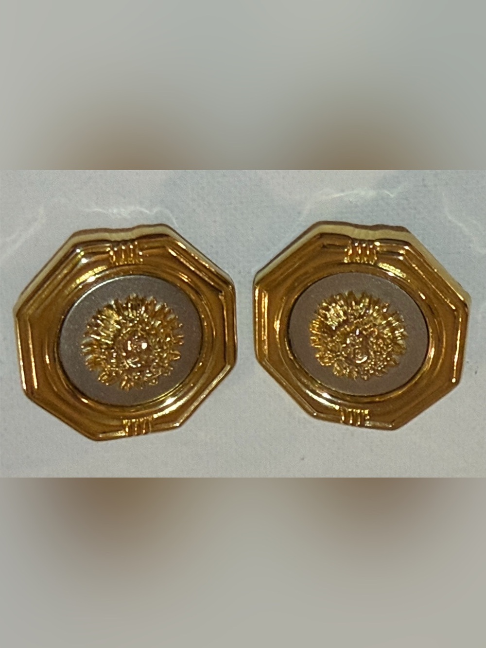 Vintage 1980s Medusa Sunburst Octagon Two-Tone Statement Clip-On Earrings